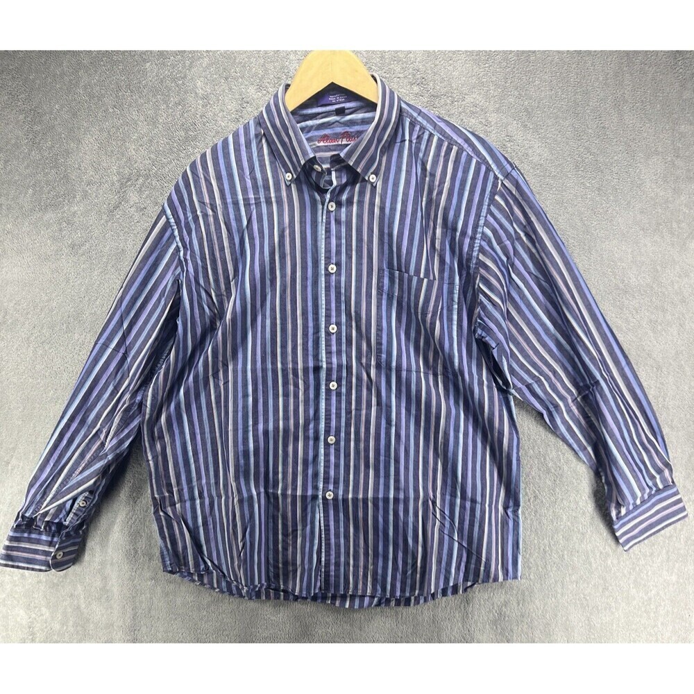Alan Flusser Shirt Mens Large Gray Purple Button Down Long Sleeve Stripe Casual